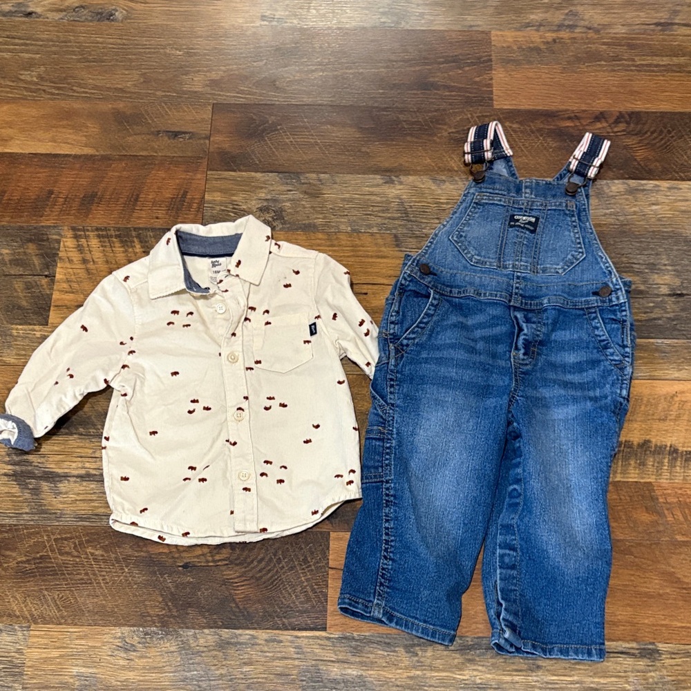 OshKosh B'gosh Blue Denim Overalls with Cream Shirt‎